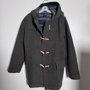 GAP Duffle Coat Mens Size S Charcoal Gray Solid Wool Blend Hooded Toggle Jacket